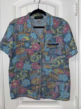 Vintage Sag Harbor Sport Travel Passport All Over Print‎ Denim Camp Shirt